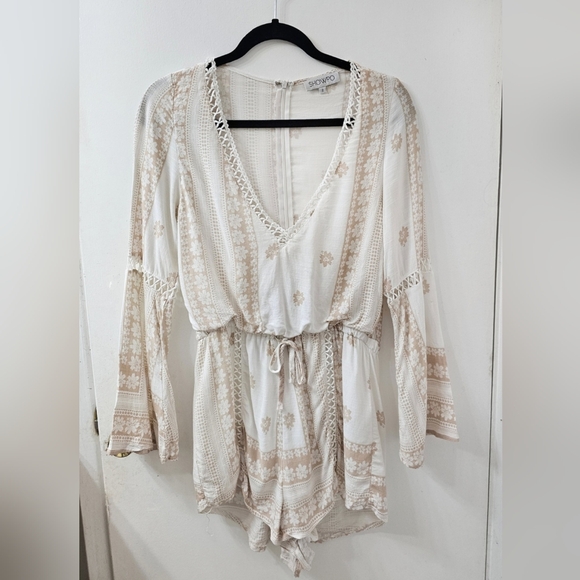 Showpo. Dresses & Skirts - Showpo white & beige bell sleeve playsuit